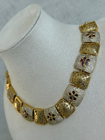 Ayura Designs Vibha Necklace & Stud Earrings Set – Gold Floral Statement Design with Ruby Pink & Crystal Detailing