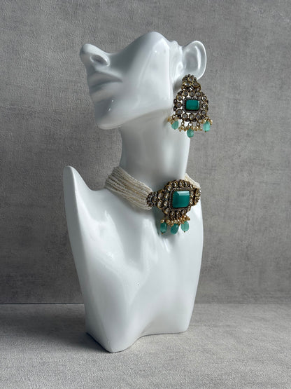 Ayura Designs Eva Choker Set with Earrings – Mirror-Cut Kundan, Pearl Strands & Mint-Green Stones in Antique Gold Finish