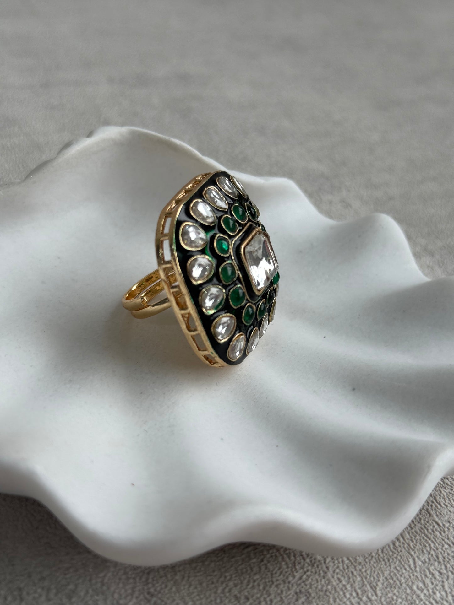 Ayura Designs Arzoo Adjustable Ring – Mirror-Cut Stone Centre with Emerald Green Stones, Green Enamel & Crystal Detailing