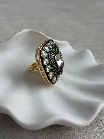 Ayura Designs Arzoo Adjustable Ring – Mirror-Cut Stone Centre with Emerald Green Stones, Green Enamel & Crystal Detailing