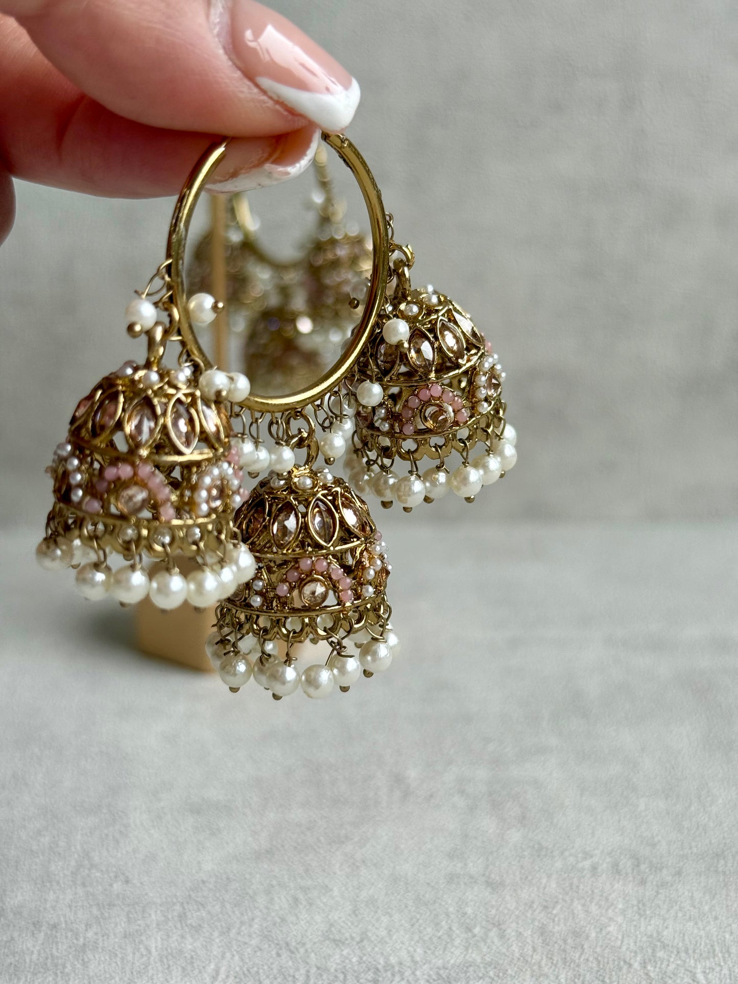 Ayura Designs Nakhra Balis – Blush Pink Triple Dome Earrings with Mirror-Cut Stones & Pearl Detailing