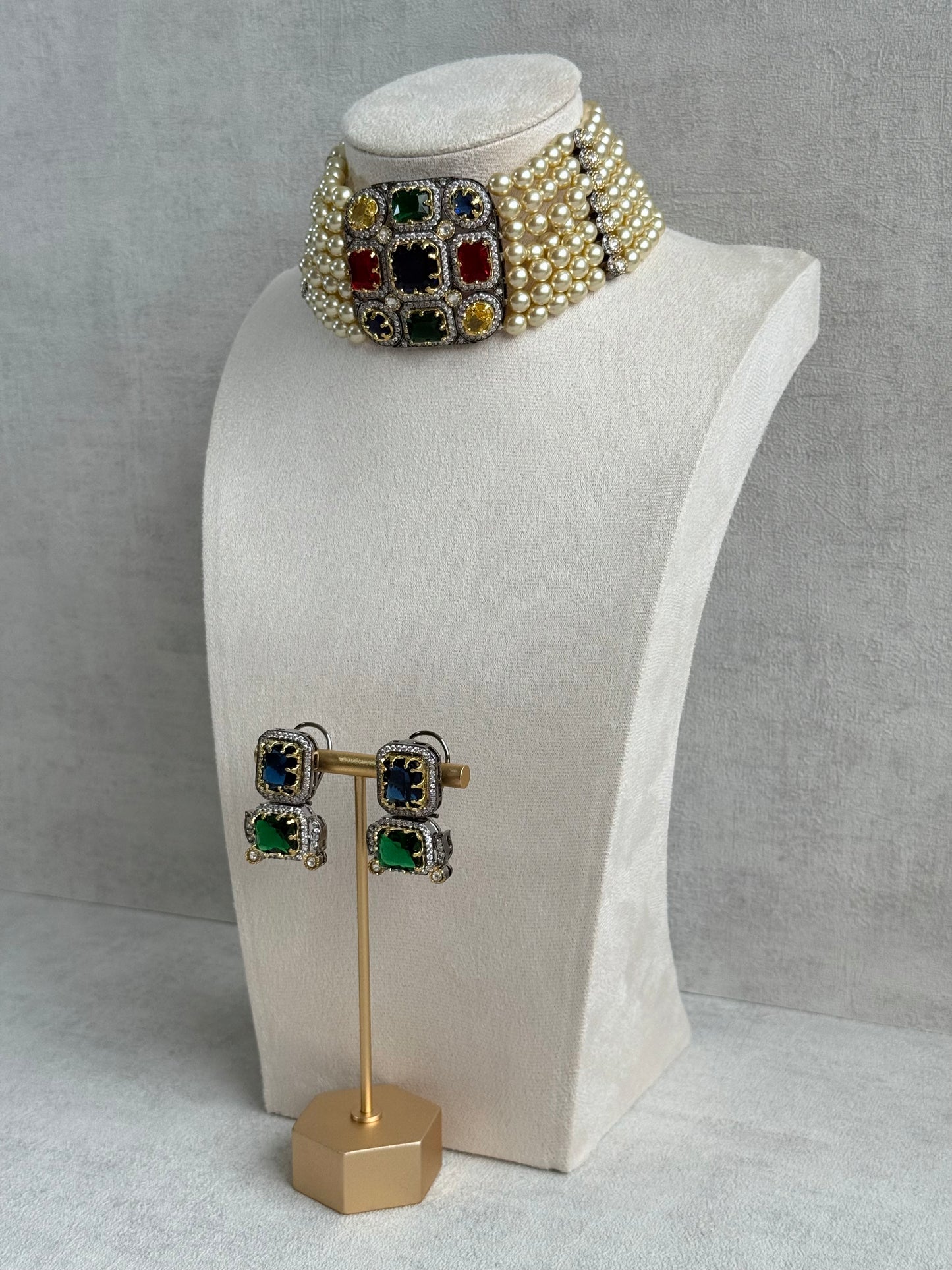 Ayura Designs Amelia Choker Set with Earrings – Moissanite Stonework with Layered Pearls in Antique Silver Finish (Deep Jewel Tones)