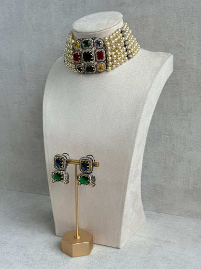 Ayura Designs Amelia Choker Set with Earrings – Moissanite Stonework with Layered Pearls in Antique Silver Finish (Deep Jewel Tones)