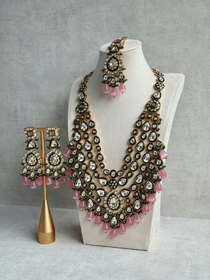 Ayura Designs Zahira Bridal Set with Necklace, Earrings & Tikka – Kundan Detailing with Blush Pink Drops, Green Enamel & Green Bead Accents