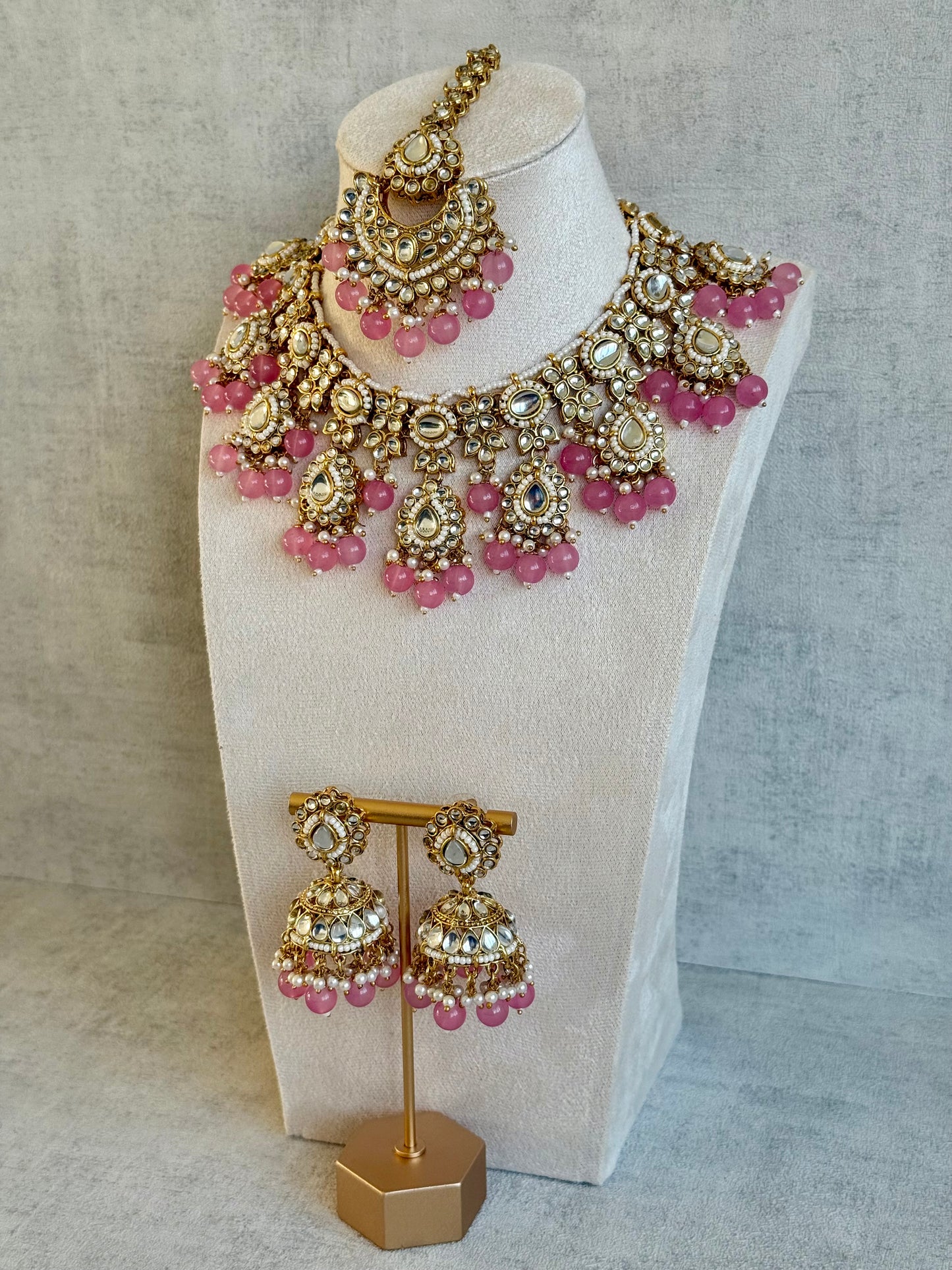 Ayura Designs Iyla Set with Necklace, Earrings & Tikka – Kundan Detailing, Ivory Pearl Drops & Soft Pink Beads