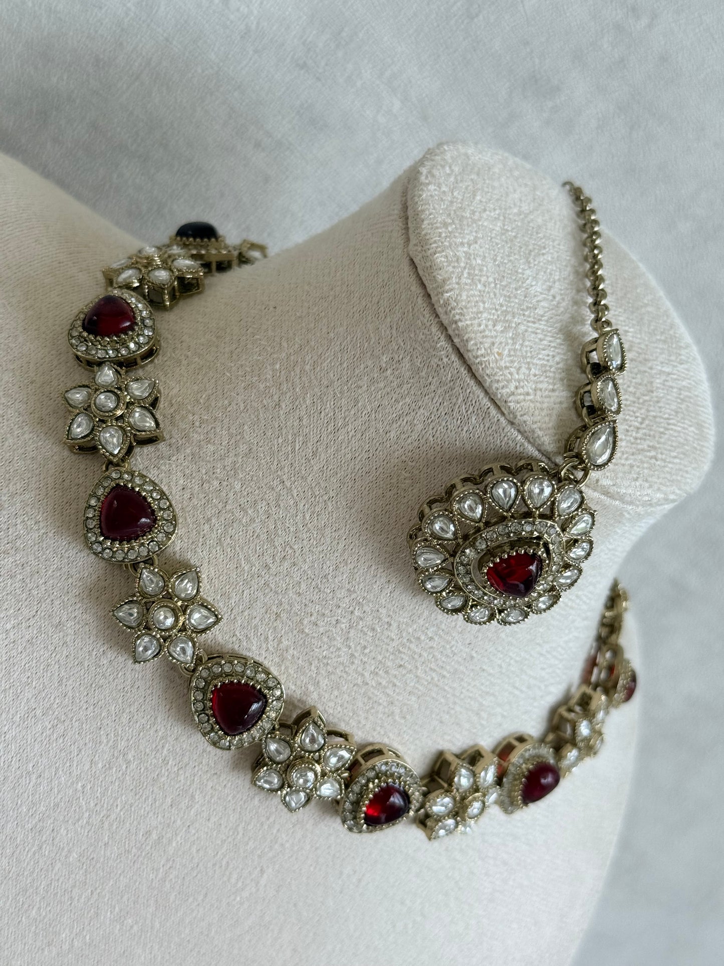 Ayura Designs Ivy Necklace Set with Studs & Tikka – Ruby Red Kundan Detailing
