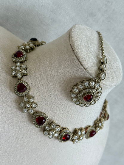 Ayura Designs Ivy Necklace Set with Studs & Tikka – Ruby Red Kundan Detailing