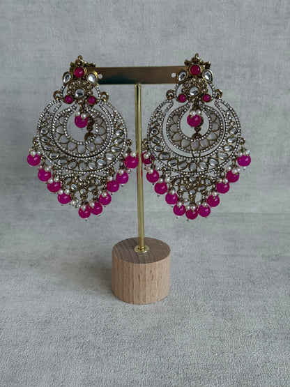 Ayura Designs Rabia Chandbalis – Antique Gold Kundan Earrings with Fuchsia Beads, Pearls & Attached Sahare