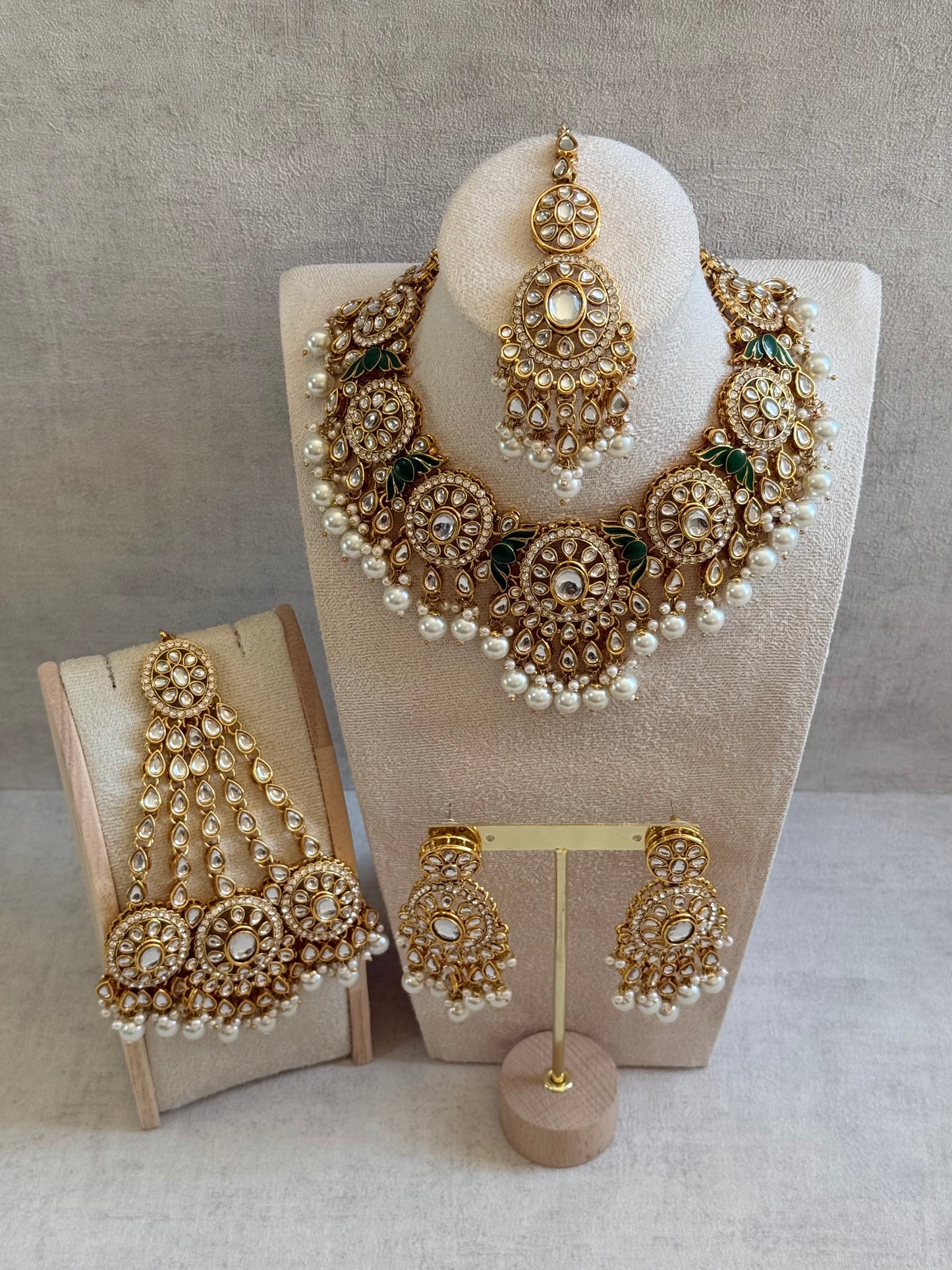 Ayura Designs Zara Set with Necklace, Earrings, Tikka & Passa – Antique Gold with Kundan Detailing & Ivory Pearl Drops
