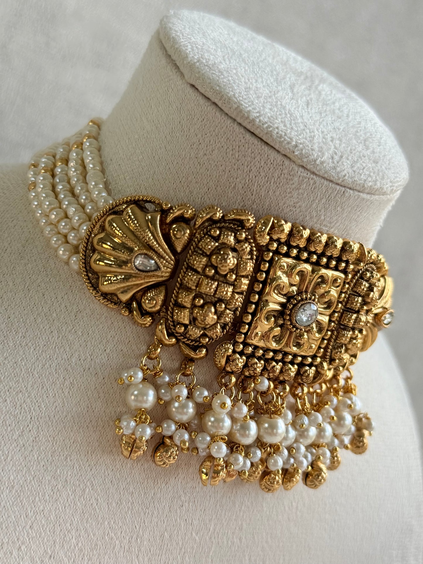 Ayura Designs Nabila Choker Set with Earrings & Tikka – Antique Gold Finish, Sea Shell Detailing, Pearls & Ghungroos
