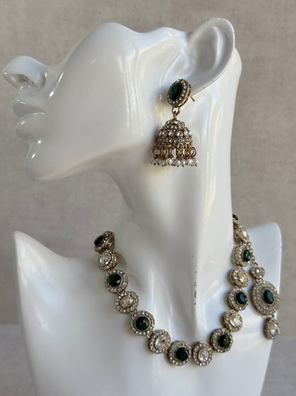 Ayura Designs Eira Necklace Set with Earrings & Tikka – Emerald Green & Crystal Stones with Antique Gold Finish