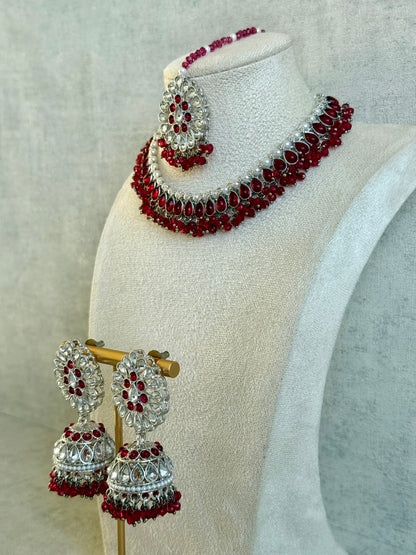 Ayura Designs Saima Set – Necklace, Jhumkis & Tikka in Deep Rose Pink with Silver Finish