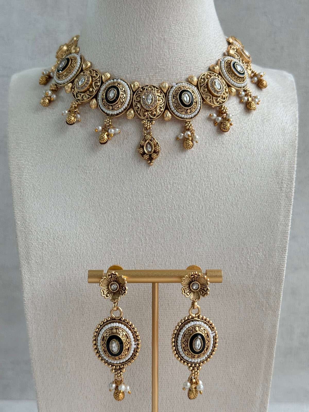 Ayura Designs Livia Necklace Set with Earrings – Green Enamel, Kundan & Pearl Detailing in Antique Gold Finish