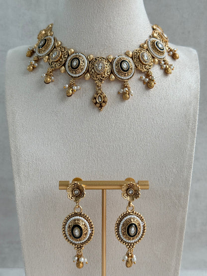 Ayura Designs Livia Necklace Set with Earrings – Green Enamel, Kundan & Pearl Detailing in Antique Gold Finish