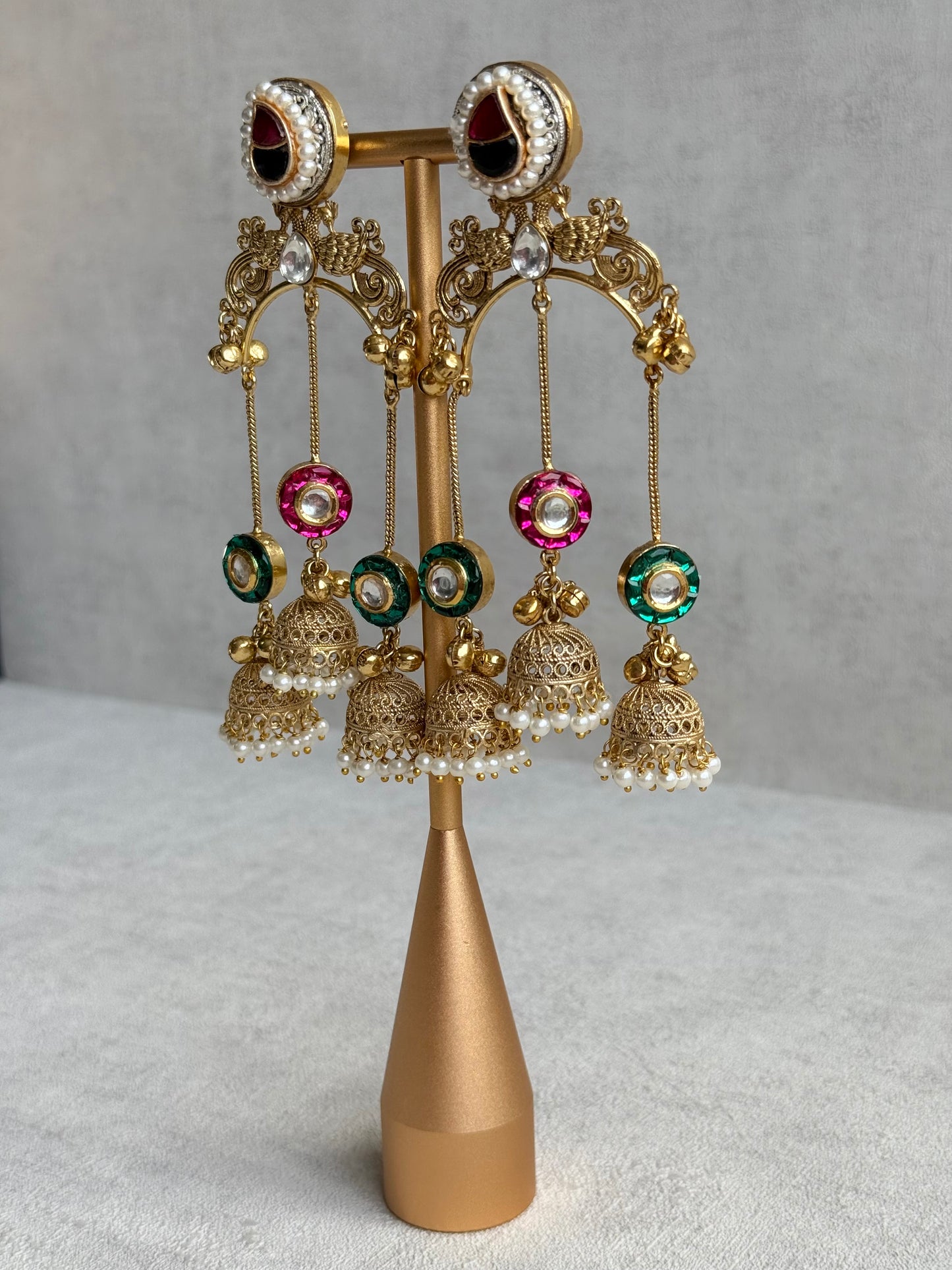 Ayura Designs Arzina Earrings – Triple Jhumki Earrings with Pink & Emerald Green Stones, Pearl Borders & Gold Detailing