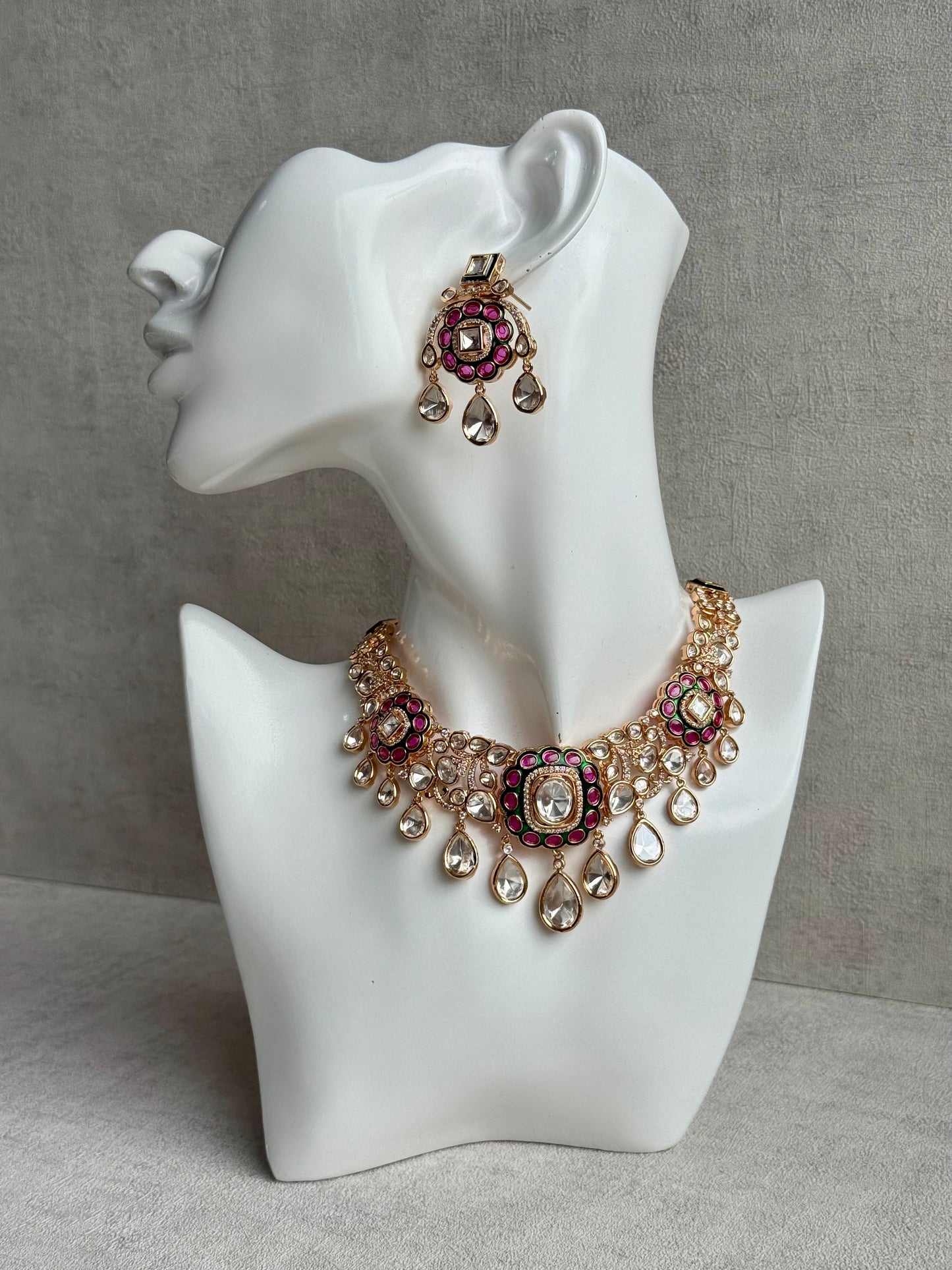 Ayura Designs Ishika Set – Kundan Necklace with Pink & Green Meenakari and Teardrop Crystals