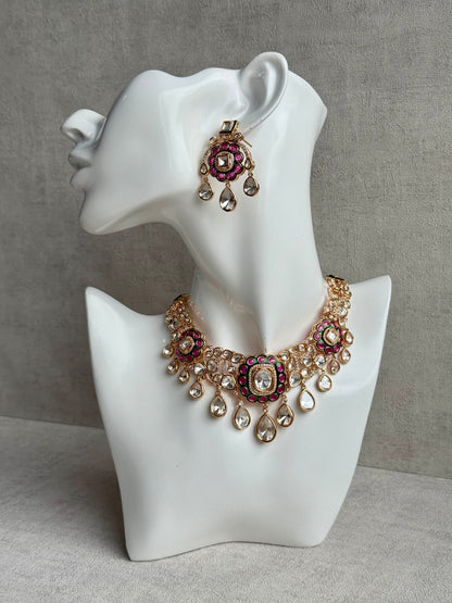 Ayura Designs Ishika Set – Kundan Necklace with Pink & Green Meenakari and Teardrop Crystals