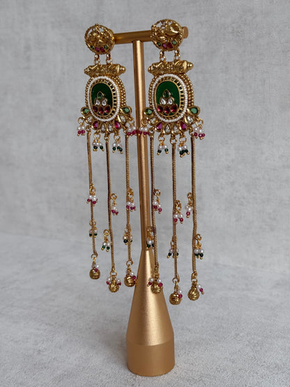 Ayura Designs Kaveri Earrings – Gold Long Chain Drop Earrings with Kundan, Pearls & Ghungroo Detailing – Emerald Green