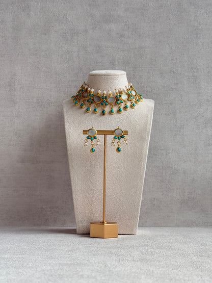 Ayura Designs Rehnuma Kundan Choker Set with Earrings & Turquoise Floral Detailing