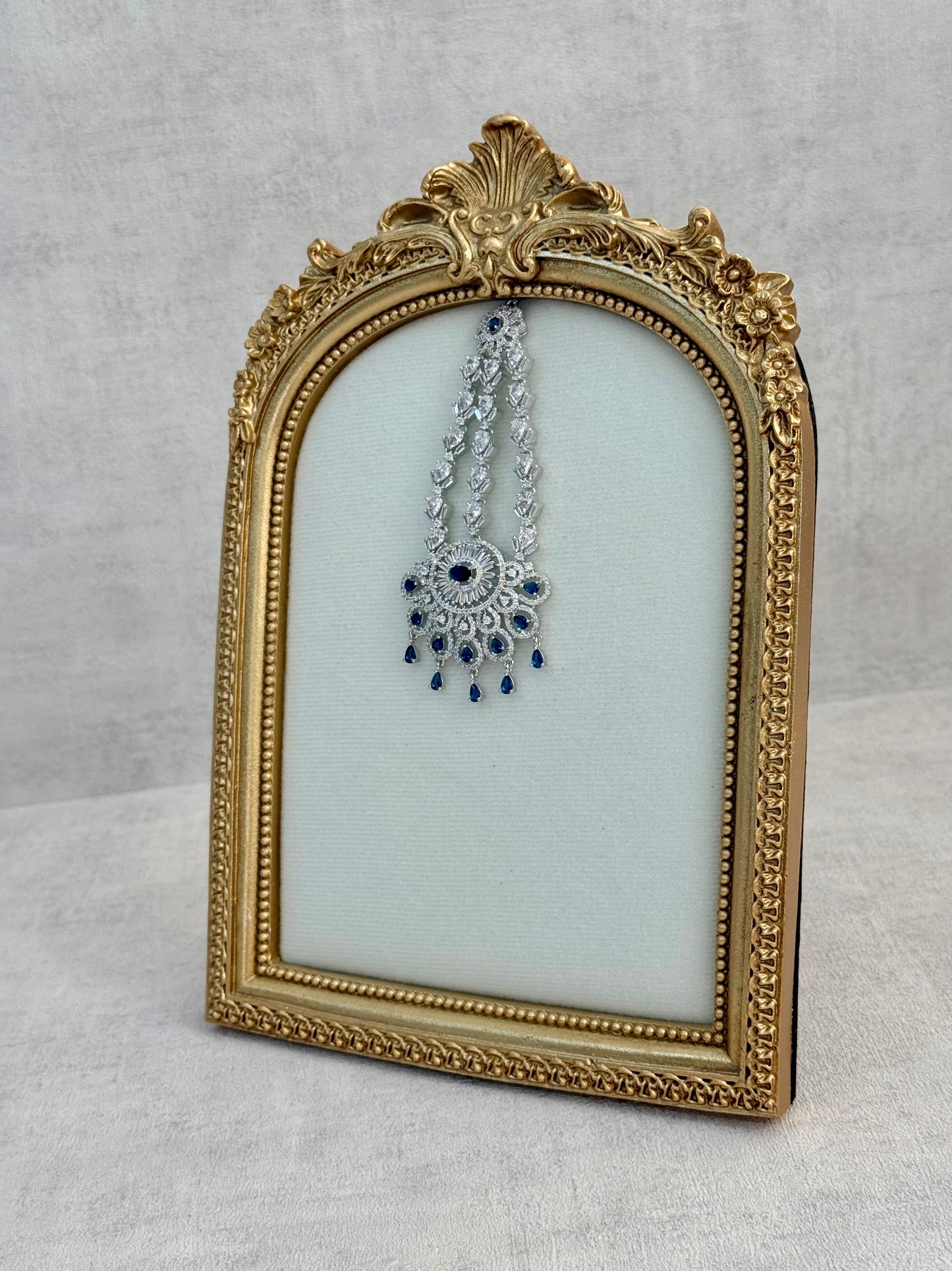 Ayura Designs Anna Jhoomar Passa – Silver Finish with Sapphire Blue Stones & Crystal Detailing
