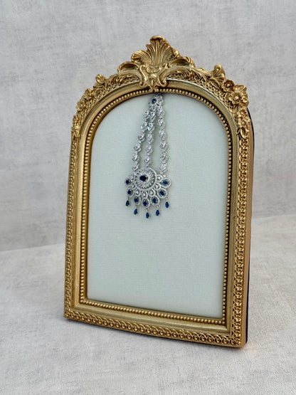Ayura Designs Anna Jhoomar Passa – Silver Finish with Sapphire Blue Stones & Crystal Detailing