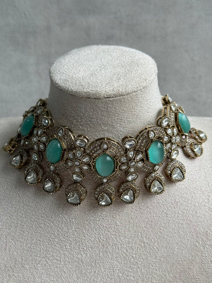 Ayura Designs Emanya Choker Set – Choker, Earrings & Tikka with Mirror-Cut Stones, Aqua & Antique Gold Detailing
