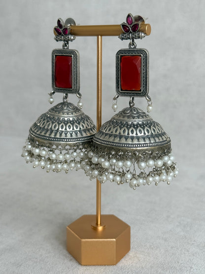 Ayura Designs Zeba Earrings – Oxidised Statement Jhumkis in Ruby Red & Pink Stones with Pearl Detailing