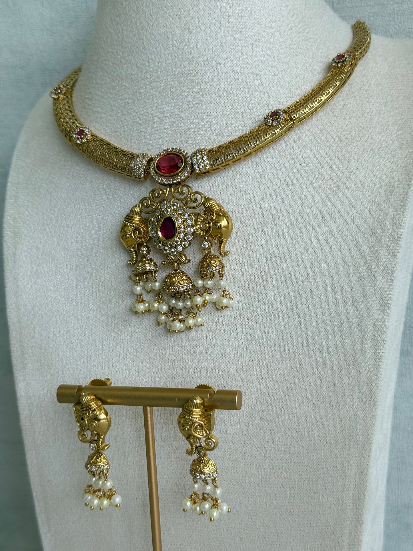 Ayura Designs Wadha Collar Necklace Set with Earrings – Gold Elephant Pendant & Ruby Red Stone Detailing