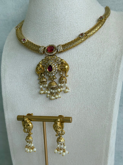Ayura Designs Wadha Collar Necklace Set with Earrings – Gold Elephant Pendant & Ruby Red Stone Detailing