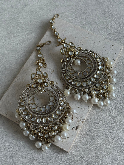 Ayura Designs Rabia Chandbalis – Antique Gold Kundan Earrings with Ivory Pearls & Attached Sahare
