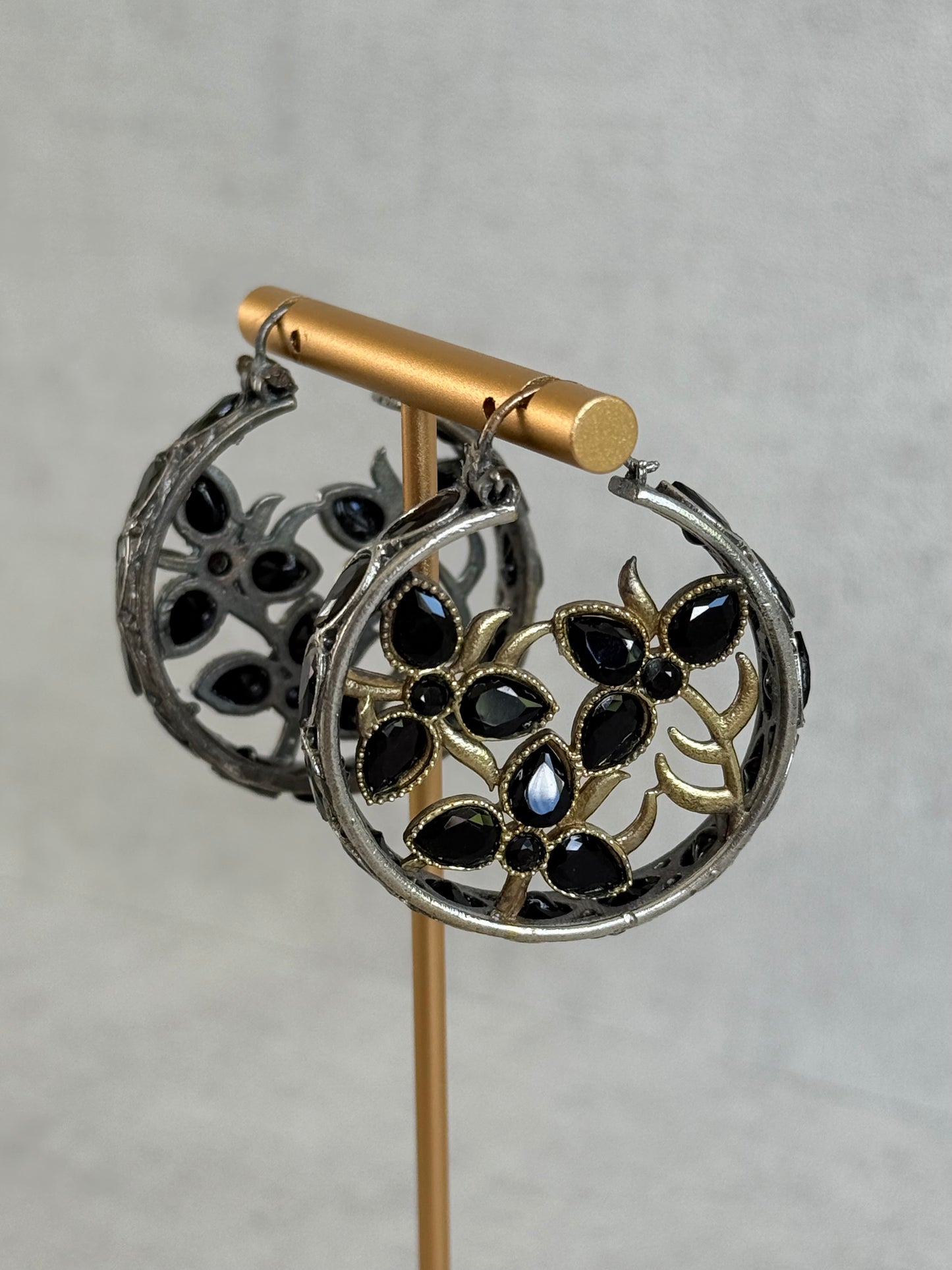 Ayura Designs Nureh Earrings – Dual Tone Floral Hoop Earrings with Black Stones & Cutwork Detailing