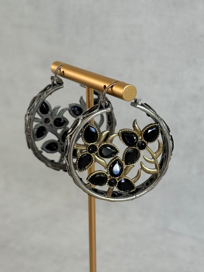 Ayura Designs Nureh Earrings – Dual Tone Floral Hoop Earrings with Black Stones & Cutwork Detailing