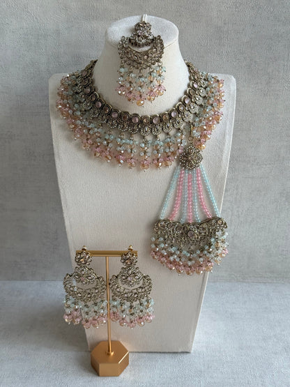 Ayura Designs Dilnaz Necklace Set – Blush Pink, Aqua & Champagne Crystal Beads