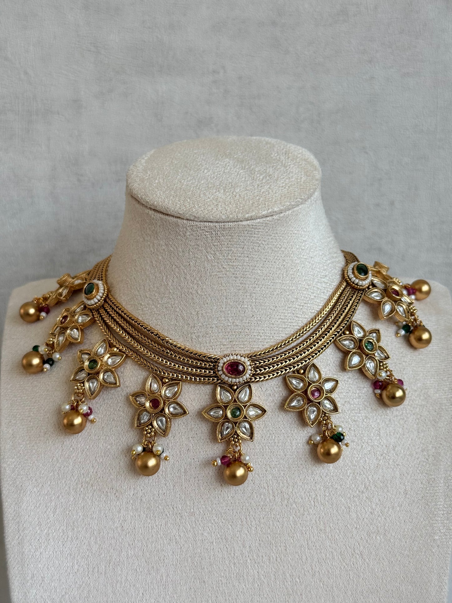 Ayura Designs Daksha Necklace Set with Earrings – Gold Layered Chain Necklace with Ruby Pink & Emerald Green Kundan Floral Motifs