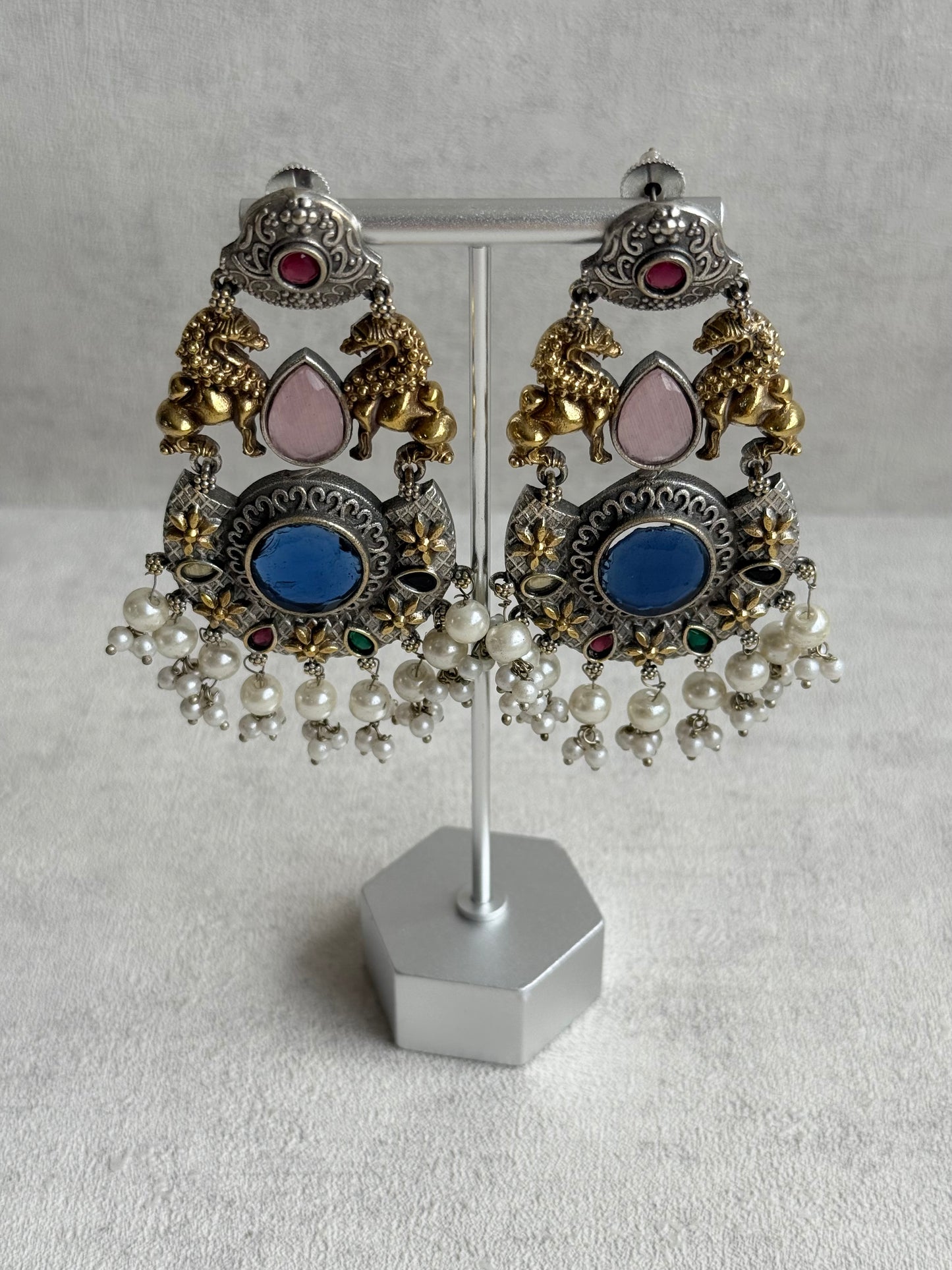 Ayura Designs Aangan Earrings – Dual Tone Oxidised Statement Earrings with Multicolour Stones & Pearl Clusters