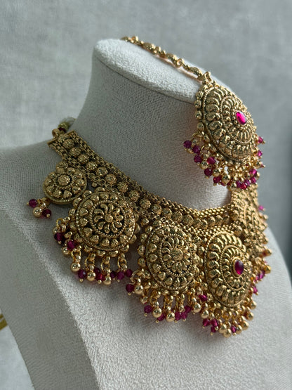 Ayura Designs Rummy Set – Statement Necklace, Earrings & Tikka with Rani Pink Beads and Polished Gold Finish