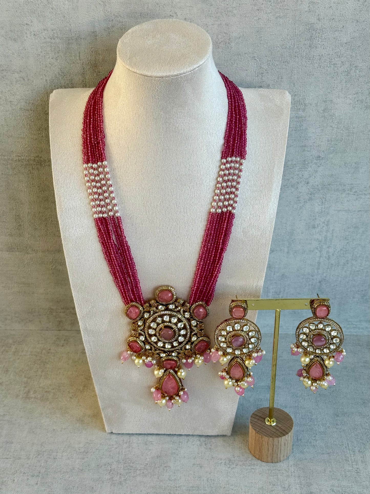 Ayura Designs Julia Set – Kundan Necklace & Earrings with Rose Pink Stones, Pearls & Crystal Detailing