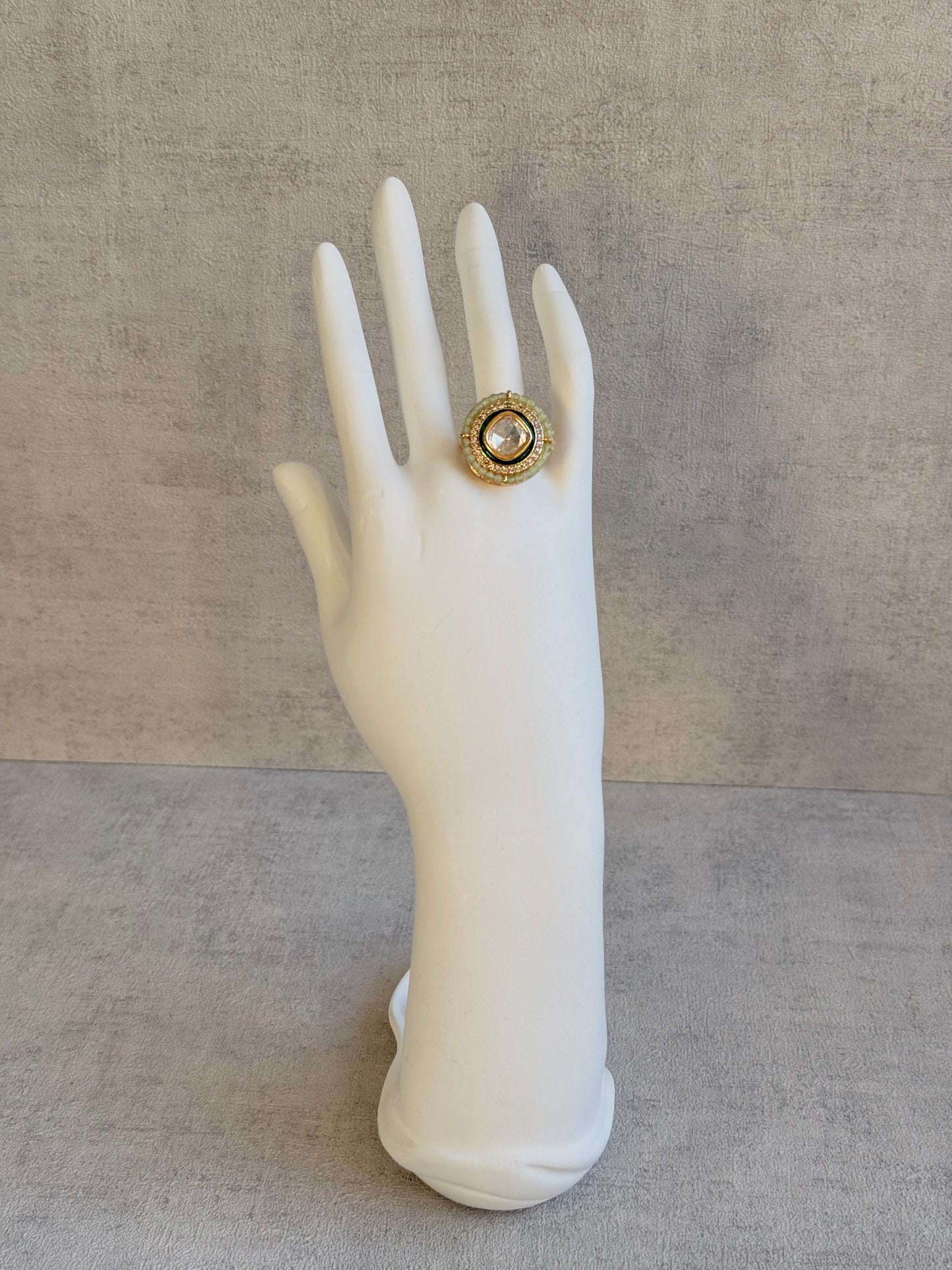 Ayura Designs Roselle Adjustable Ring – Moissanite Centre with Crystal Border & Mint Green Beads