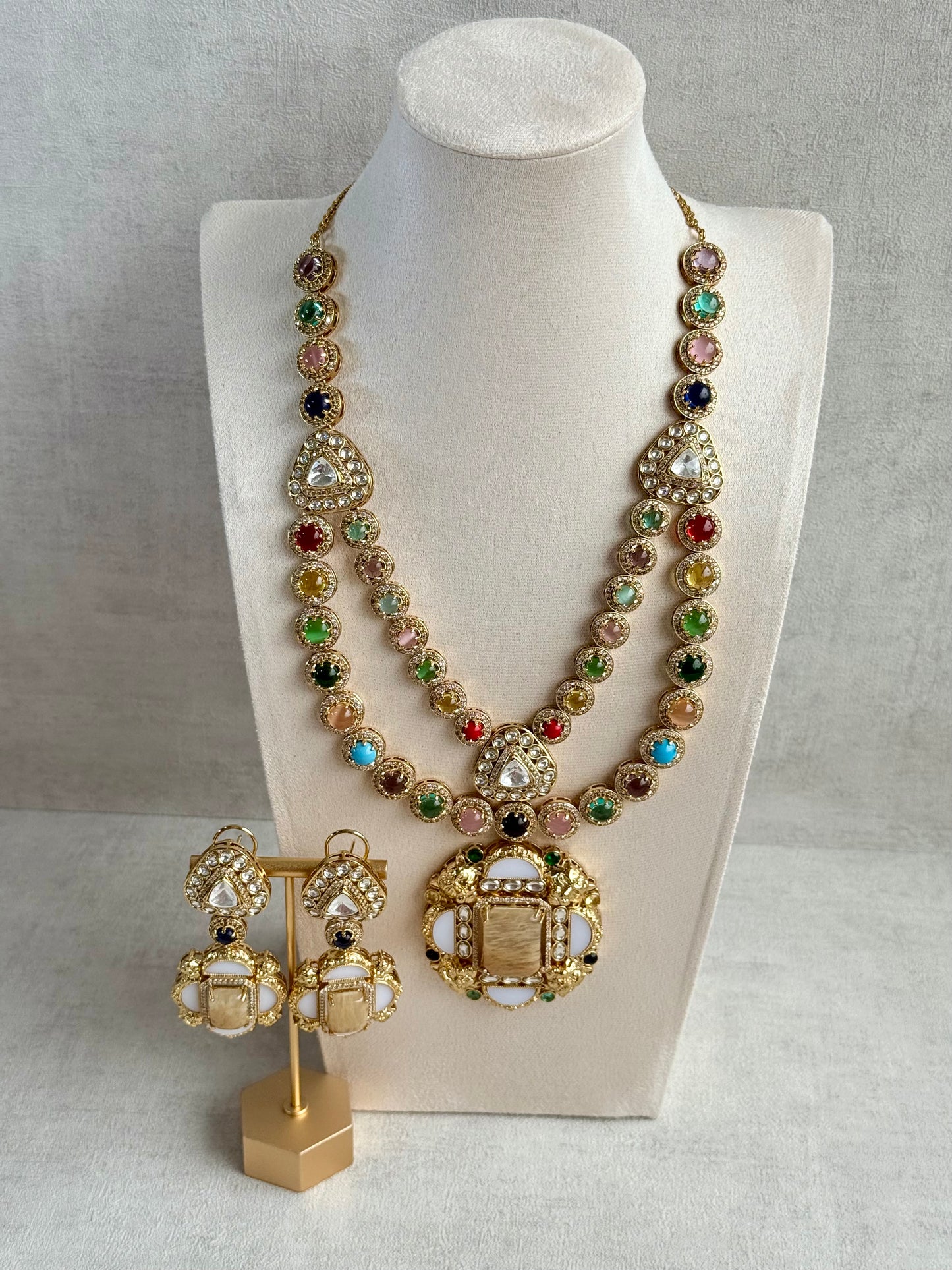 Ayura Designs Daphne Necklace Set with Statement Earrings – Gold Finish with Moissanite-Style Stones & Multicolour Accents