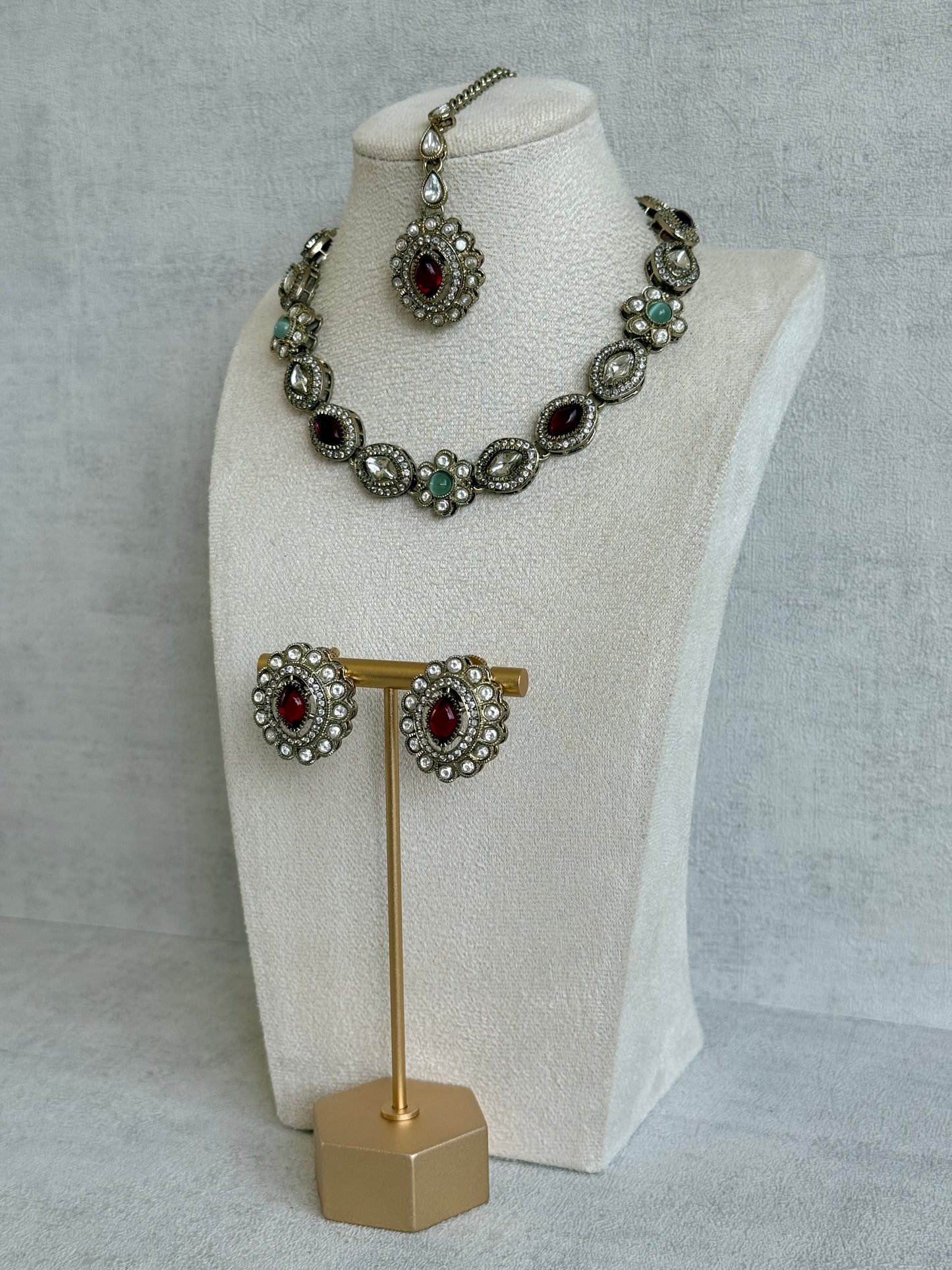 Ayura Designs Ivy Necklace Set with Studs & Tikka – Ruby Red & Mint Green Kundan Detailing