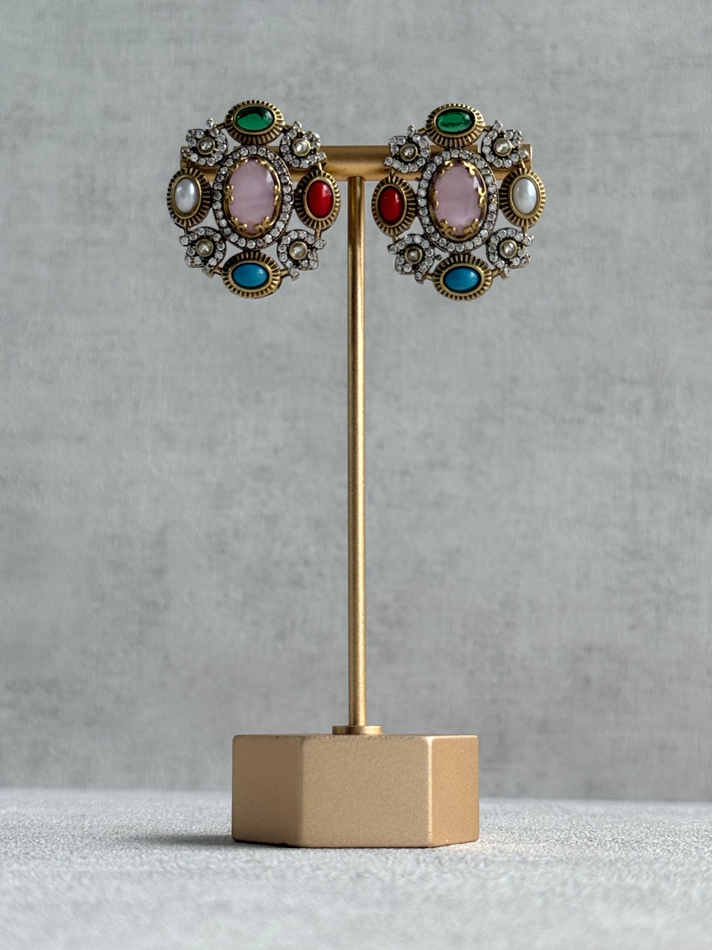 Ayura Designs Celia Stud Earrings – Blush Pink & Multicolour Stones with Gold Finish