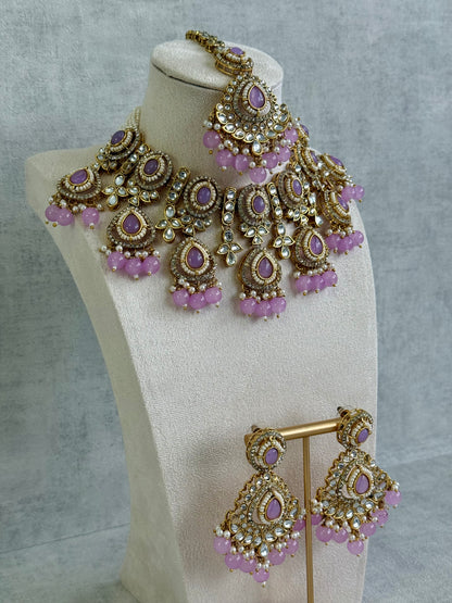 Ayura Designs Janvi Set with Necklace, Earrings & Tikka – Kundan Detailing, Lilac Beads & Ivory Pearl Drops