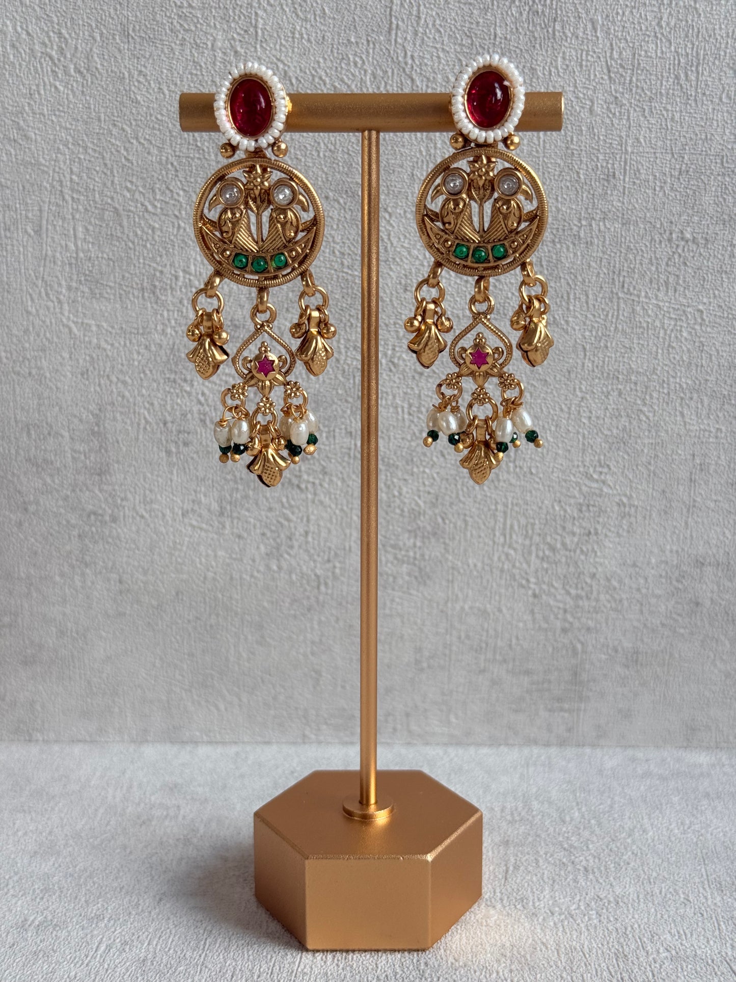 Ayura Designs Parchhai Necklace Set with Earrings – Mint Green, Ruby Red & Emerald Green Stones, Bird Motifs & Pearl Detailing