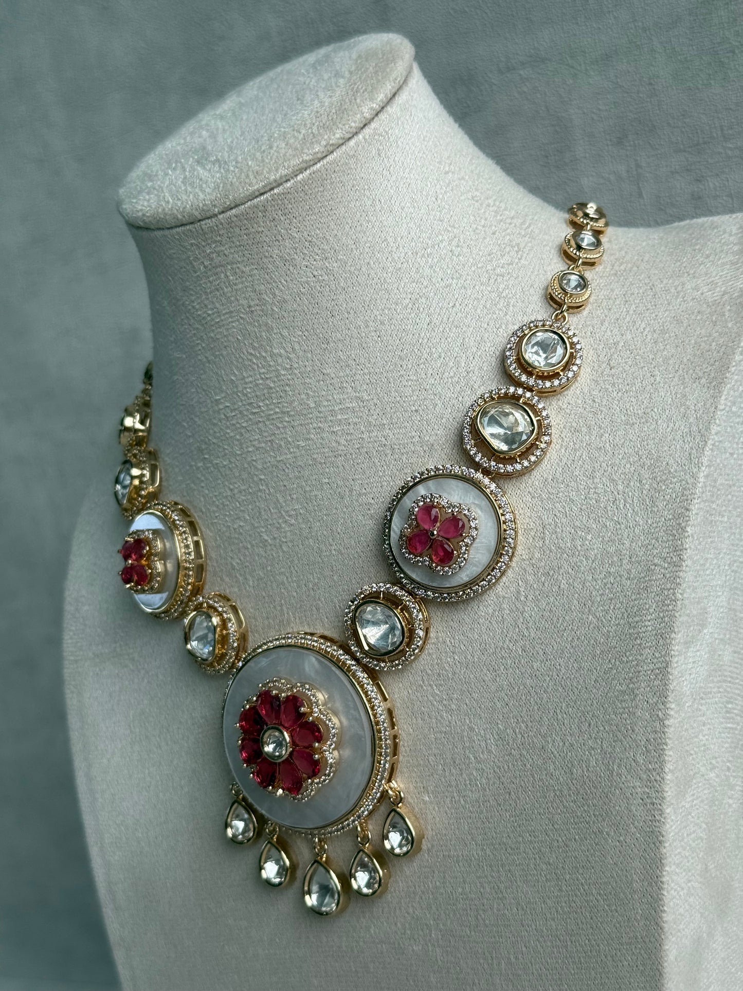 Ayura Designs Wisah Set – Necklace & Earrings with Mother of Pearl, Ruby Pink Stones & Mirror-Cut Detailing