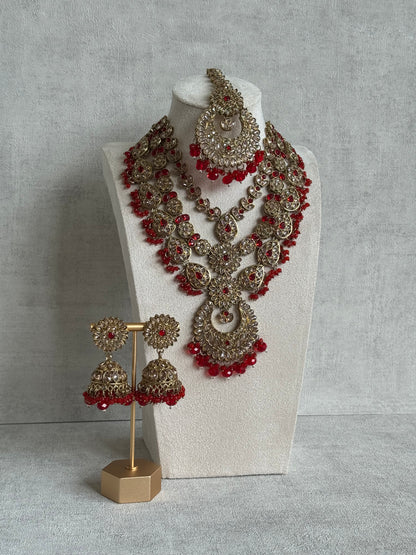 Ayura Designs Samreen Set with Tikka & Jhumkis – in Antique Gold with Red Beads & Mirror-Cut Stones