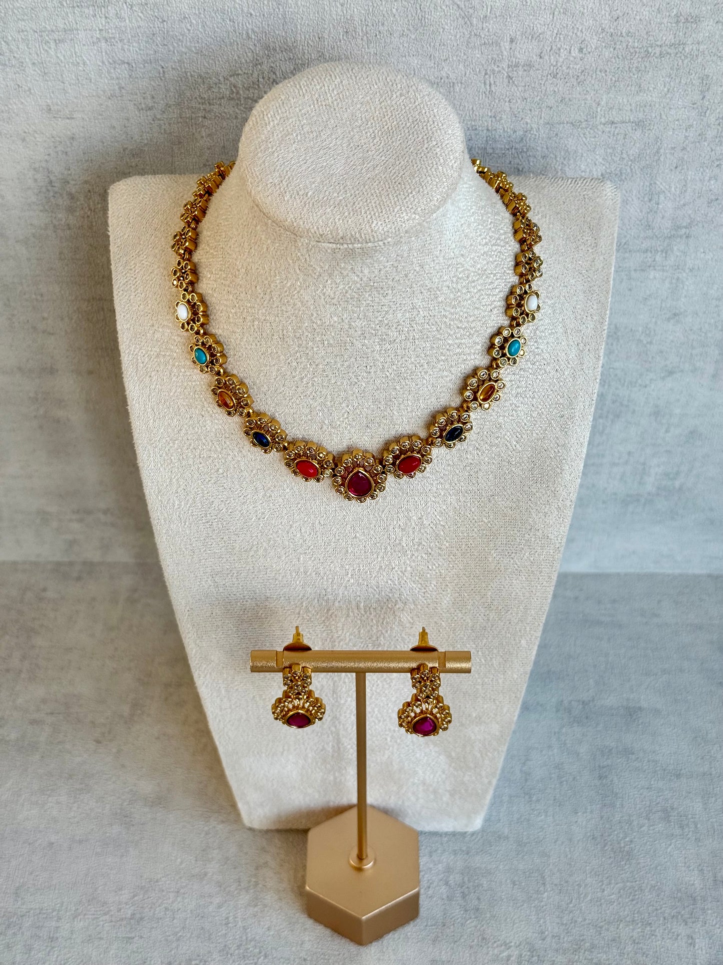 Ayura Designs Maanya Set with Earrings – Multicolour Stones with Rani Pink Centre & Crystal Detailing
