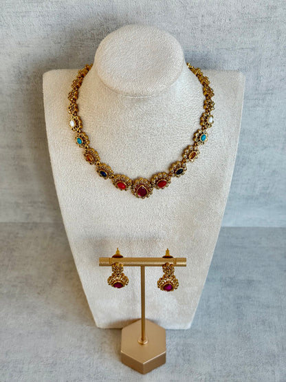 Ayura Designs Maanya Set with Earrings – Multicolour Stones with Rani Pink Centre & Crystal Detailing