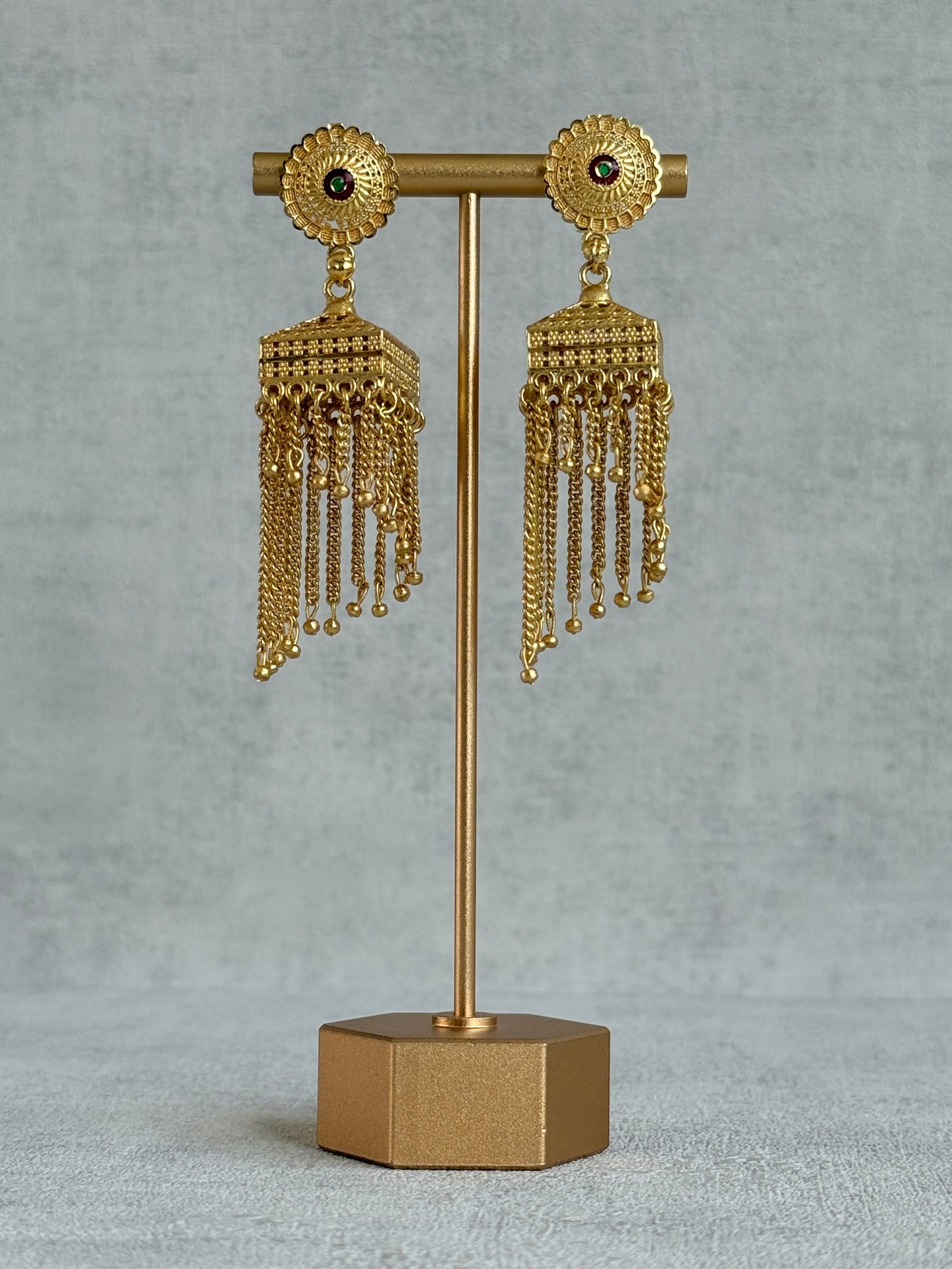 Ayura Designs Raati Jhumkis – Gold Chain Tassel Statement Earrings