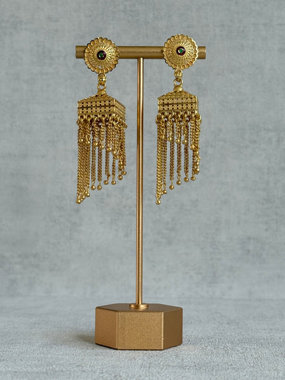 Ayura Designs Raati Jhumkis – Gold Chain Tassel Statement Earrings
