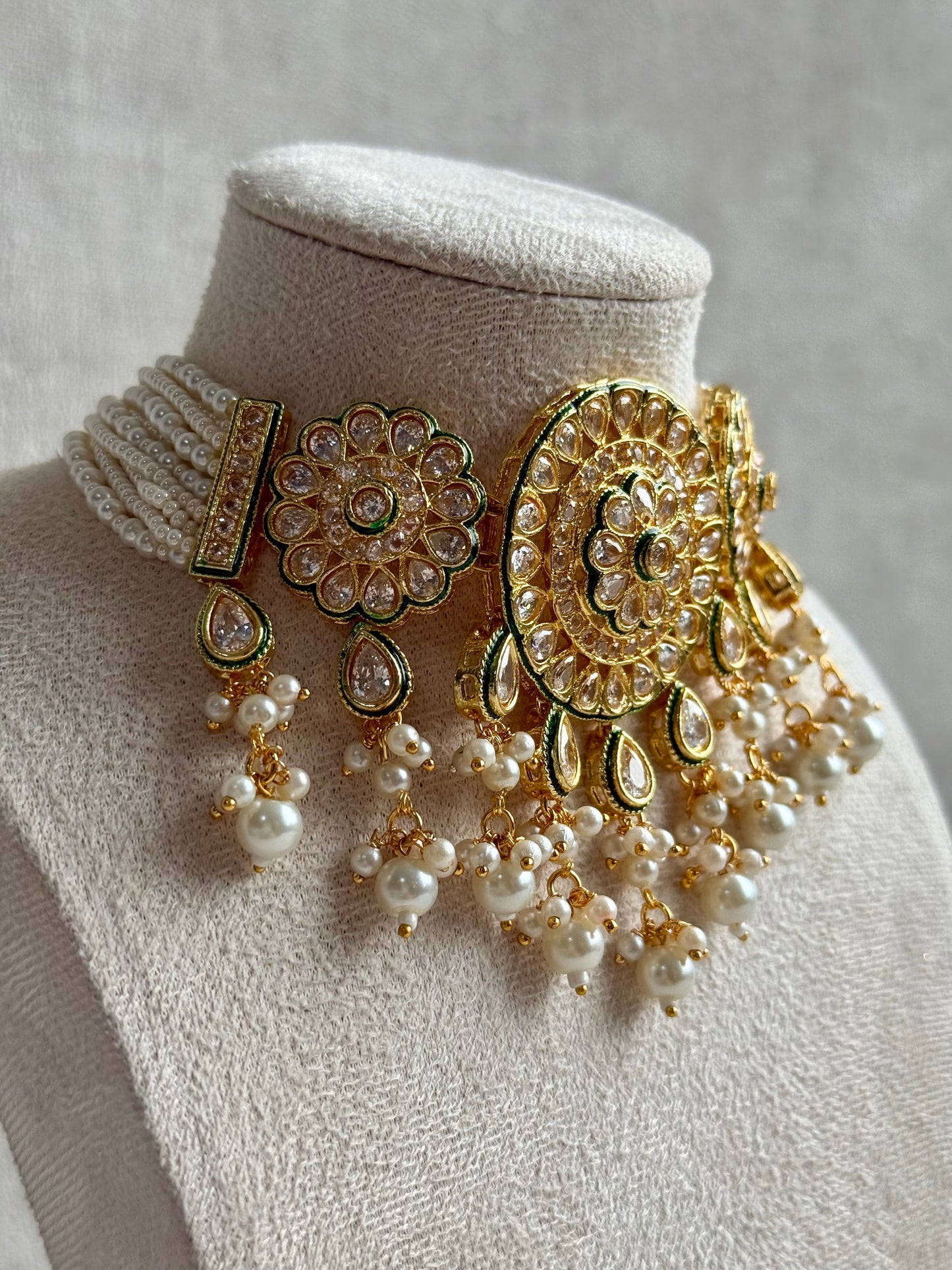 Ayura Designs Khusali Set – Necklace & Earrings with Kundan Stones, Green Enamel, and Pearl Detailing
